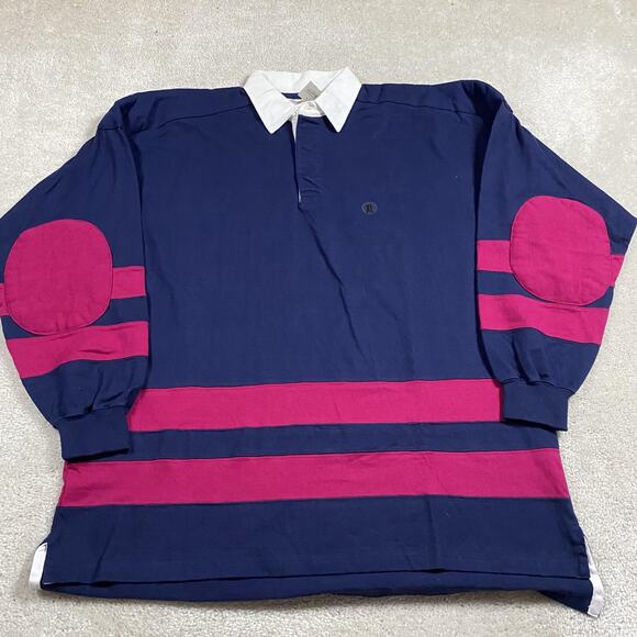 VTG Field Gear Rugby Shirt Mens XL Navy Pink Striped Cotton Polo 90s Retro - Picture 1 of 7